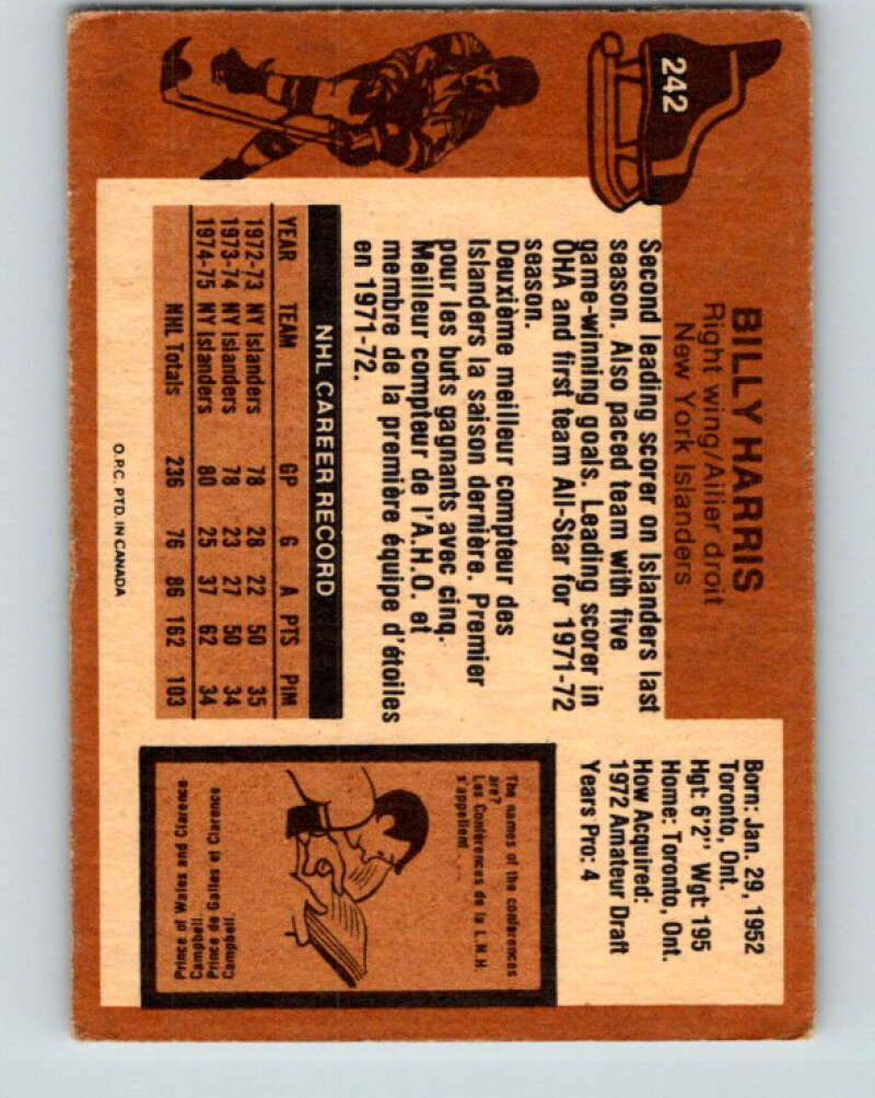 1975-76 O-Pee-Chee #242 Billy Harris New York Islanders V6241
