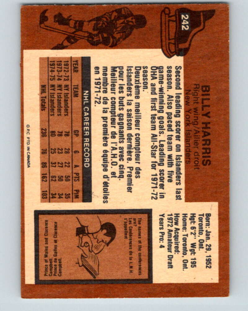 1975-76 O-Pee-Chee #242 Billy Harris New York Islanders V6242
