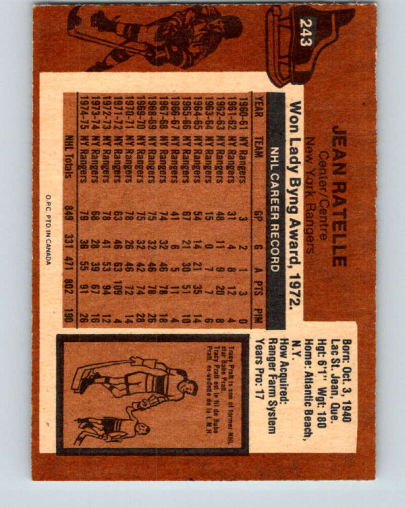 1975-76 O-Pee-Chee #243 Jean Ratelle New York Rangers V6243