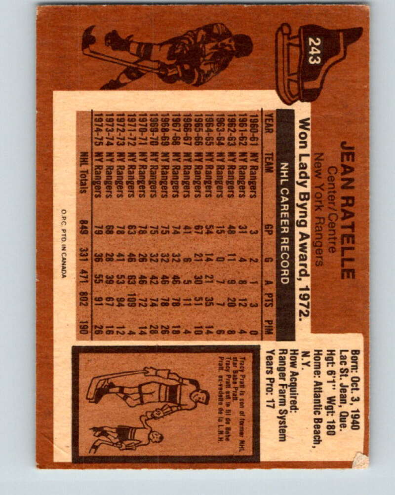 1975-76 O-Pee-Chee #243 Jean Ratelle New York Rangers V6244