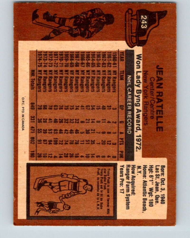 1975-76 O-Pee-Chee #243 Jean Ratelle New York Rangers V6245
