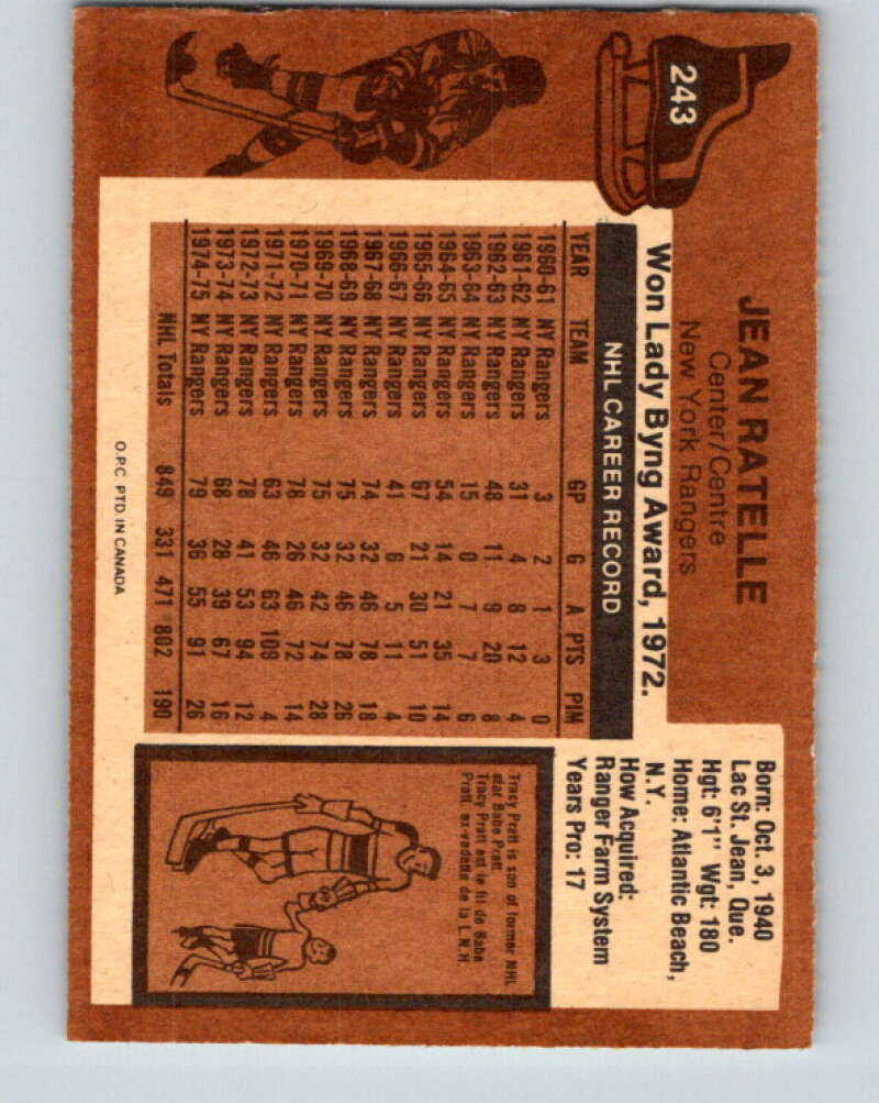 1975-76 O-Pee-Chee #243 Jean Ratelle New York Rangers V6246
