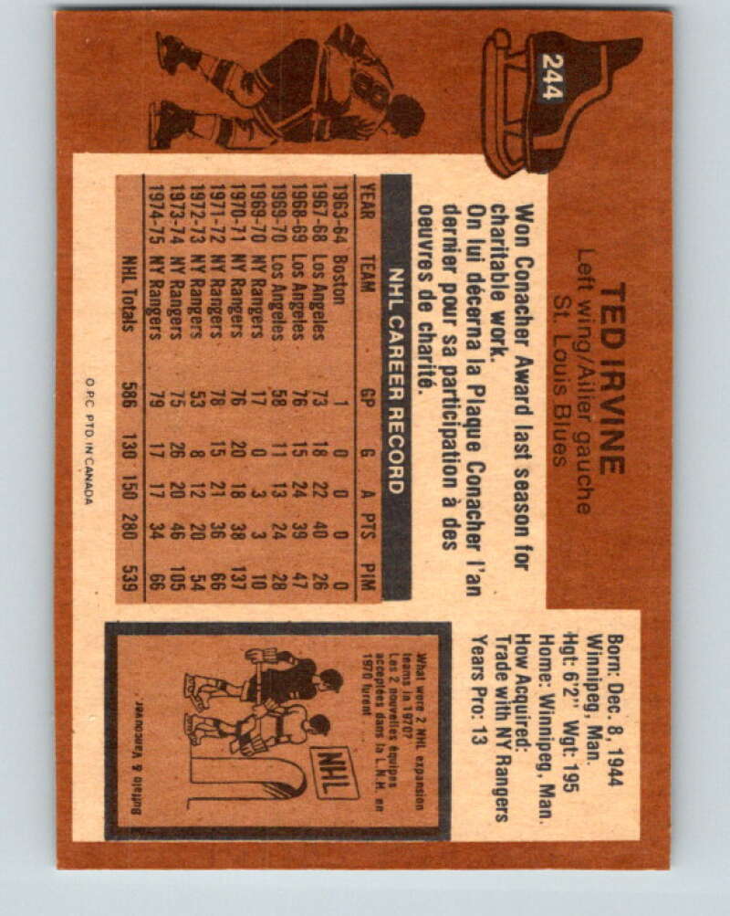 1975-76 O-Pee-Chee #244 Ted Irvine UER St. Louis Blues V6248