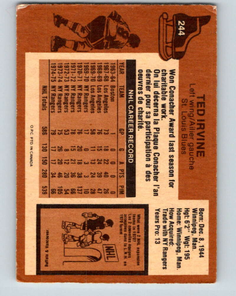 1975-76 O-Pee-Chee #244 Ted Irvine UER St. Louis Blues V6251