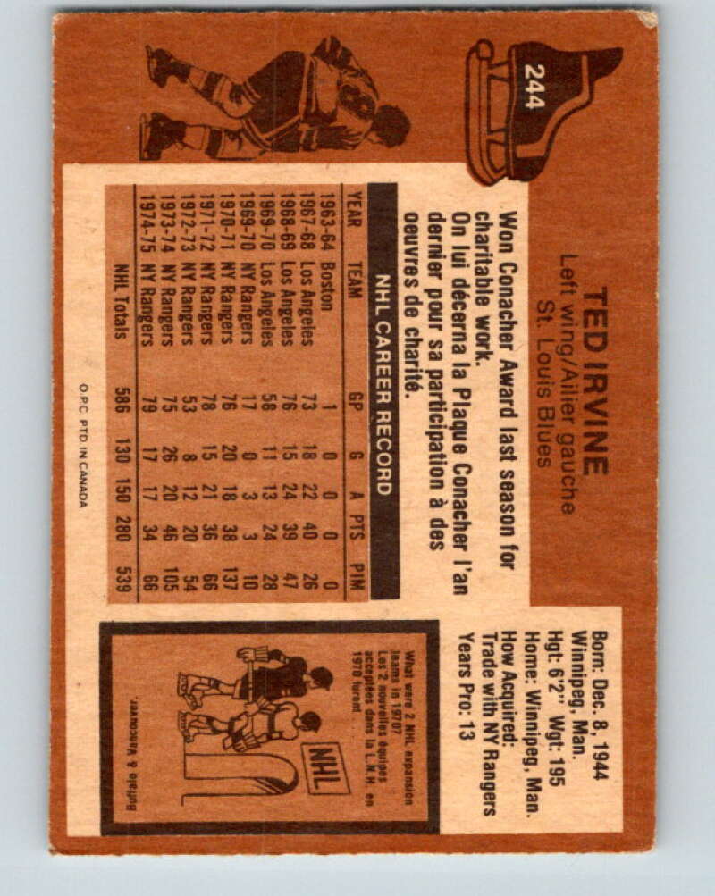 1975-76 O-Pee-Chee #244 Ted Irvine UER St. Louis Blues V6252