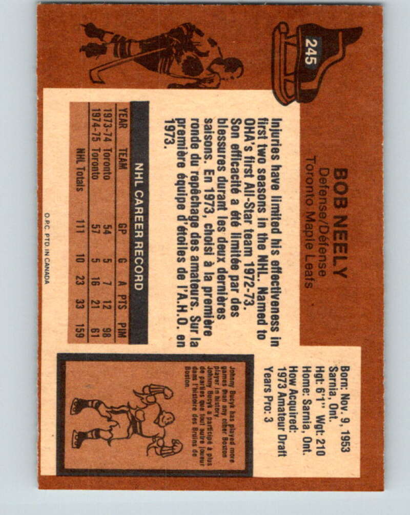 1975-76 O-Pee-Chee #245 Bob Neely Toronto Maple Leafs V6256