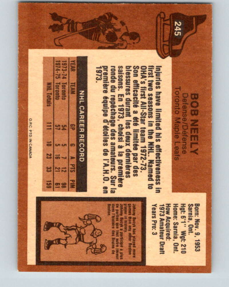 1975-76 O-Pee-Chee #245 Bob Neely Toronto Maple Leafs V6257
