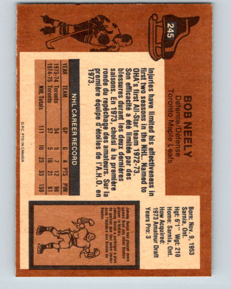 1975-76 O-Pee-Chee #245 Bob Neely Toronto Maple Leafs V6258