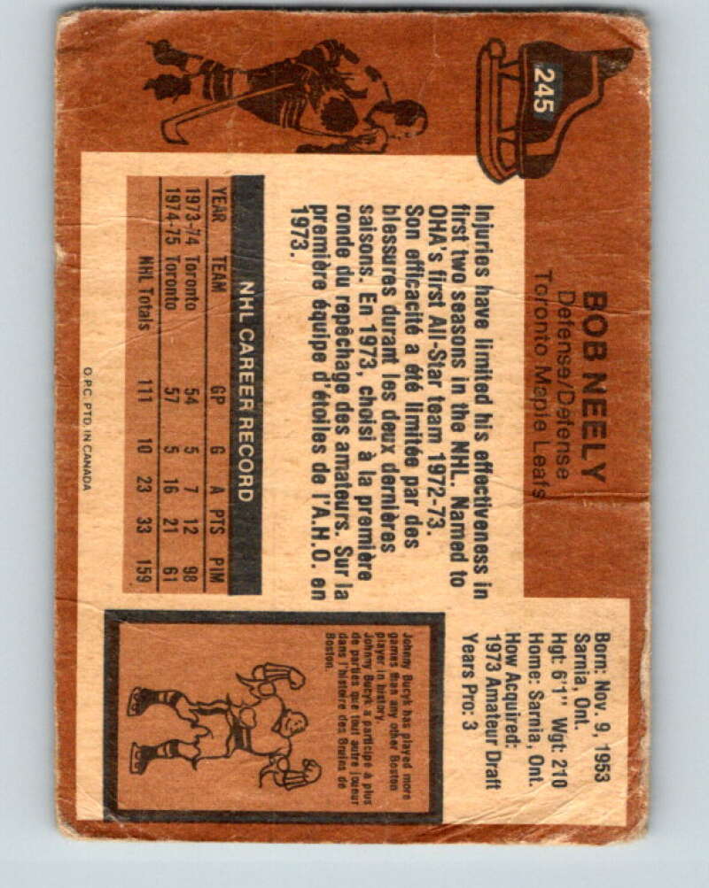 1975-76 O-Pee-Chee #245 Bob Neely Toronto Maple Leafs V6259