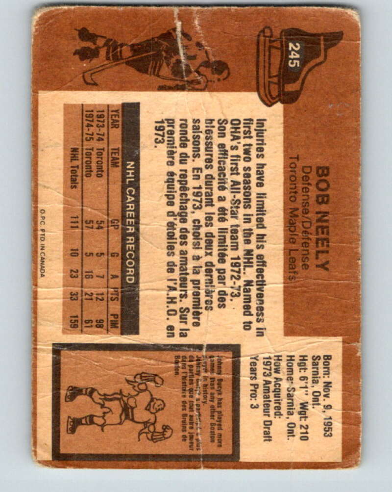 1975-76 O-Pee-Chee #245 Bob Neely Toronto Maple Leafs V6260