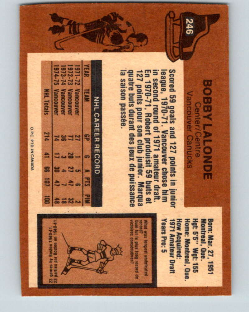1975-76 O-Pee-Chee #246 Bobby Lalonde Vancouver Canucks V6261