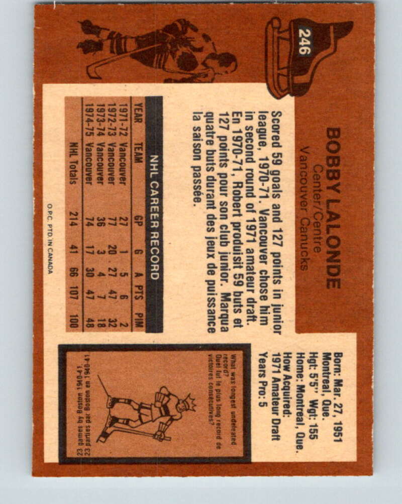 1975-76 O-Pee-Chee #246 Bobby Lalonde Vancouver Canucks V6262