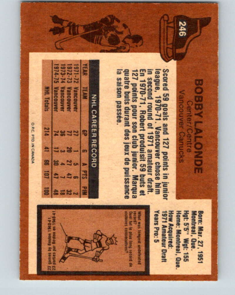 1975-76 O-Pee-Chee #246 Bobby Lalonde Vancouver Canucks V6263