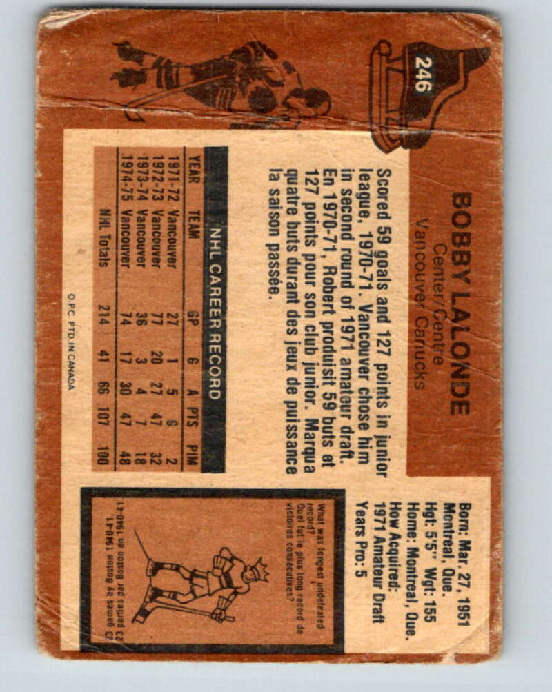 1975-76 O-Pee-Chee #246 Bobby Lalonde Vancouver Canucks V6264