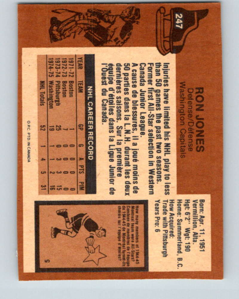 1975-76 O-Pee-Chee #247 Ron Jones RC Rookie Washington Capitals V6268
