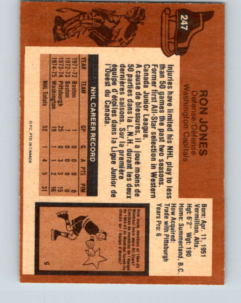 1975-76 O-Pee-Chee #247 Ron Jones RC Rookie Washington Capitals V6269