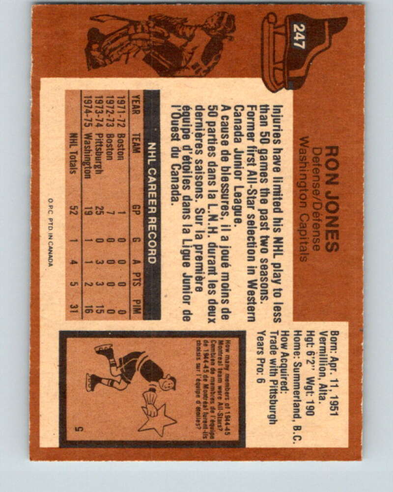 1975-76 O-Pee-Chee #247 Ron Jones RC Rookie Washington Capitals V6271
