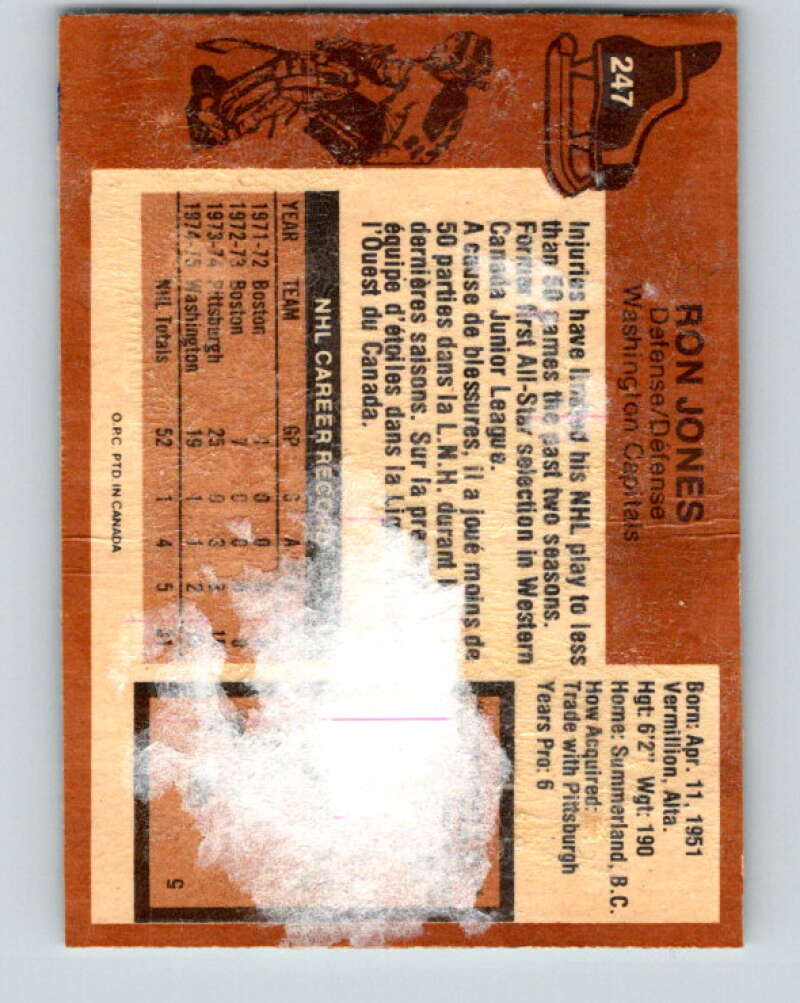 1975-76 O-Pee-Chee #247 Ron Jones RC Rookie Washington Capitals V6272