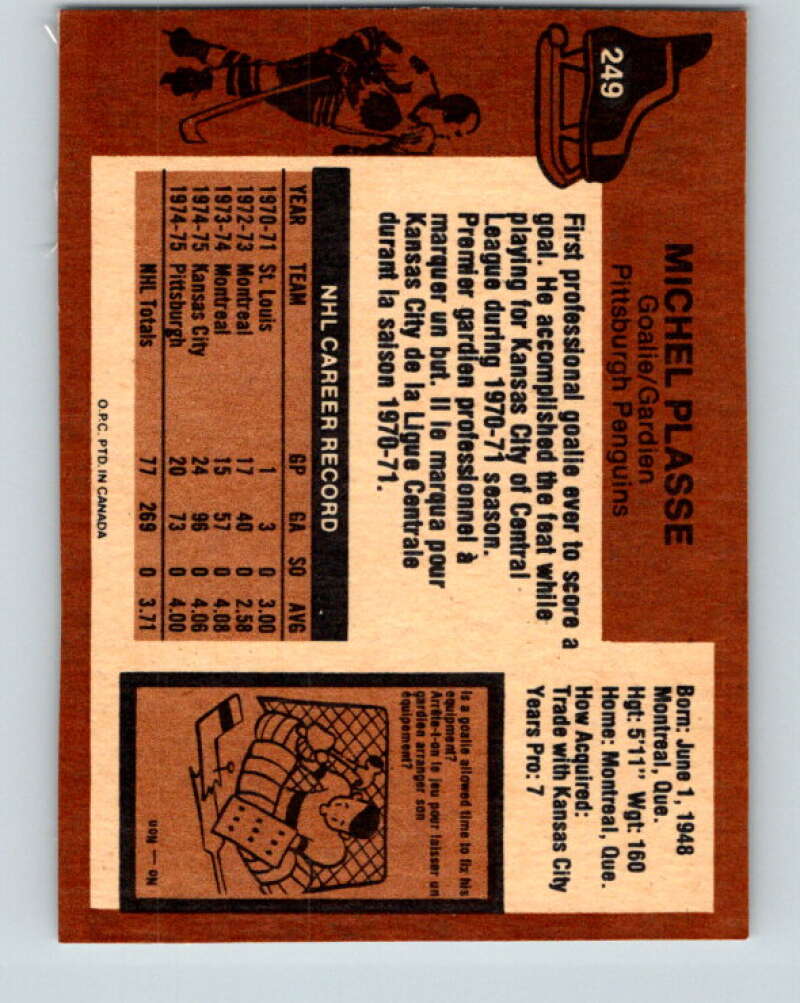 1975-76 O-Pee-Chee #249 Michel Plasse Pittsburgh Penguins V6277