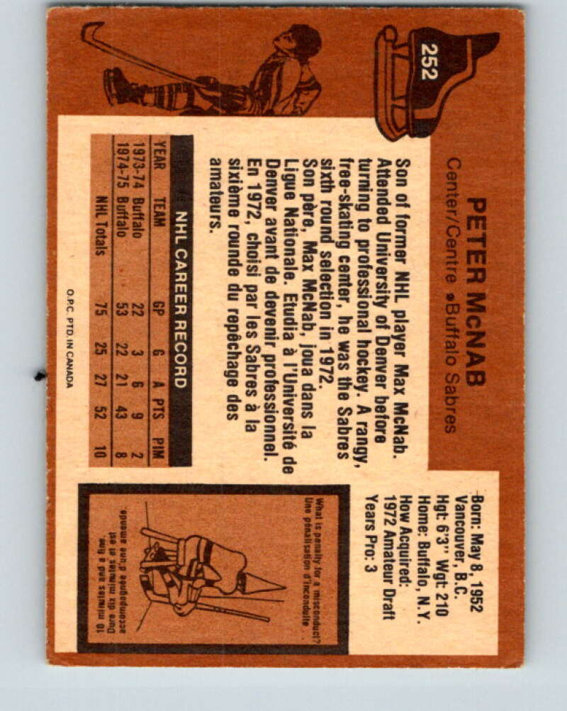 1975-76 O-Pee-Chee #252 Peter McNab RC Rookie Buffalo Sabres V6286
