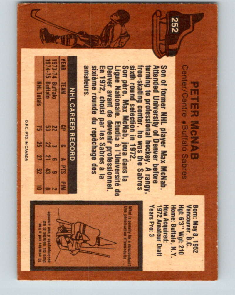 1975-76 O-Pee-Chee #252 Peter McNab RC Rookie Buffalo Sabres V6288