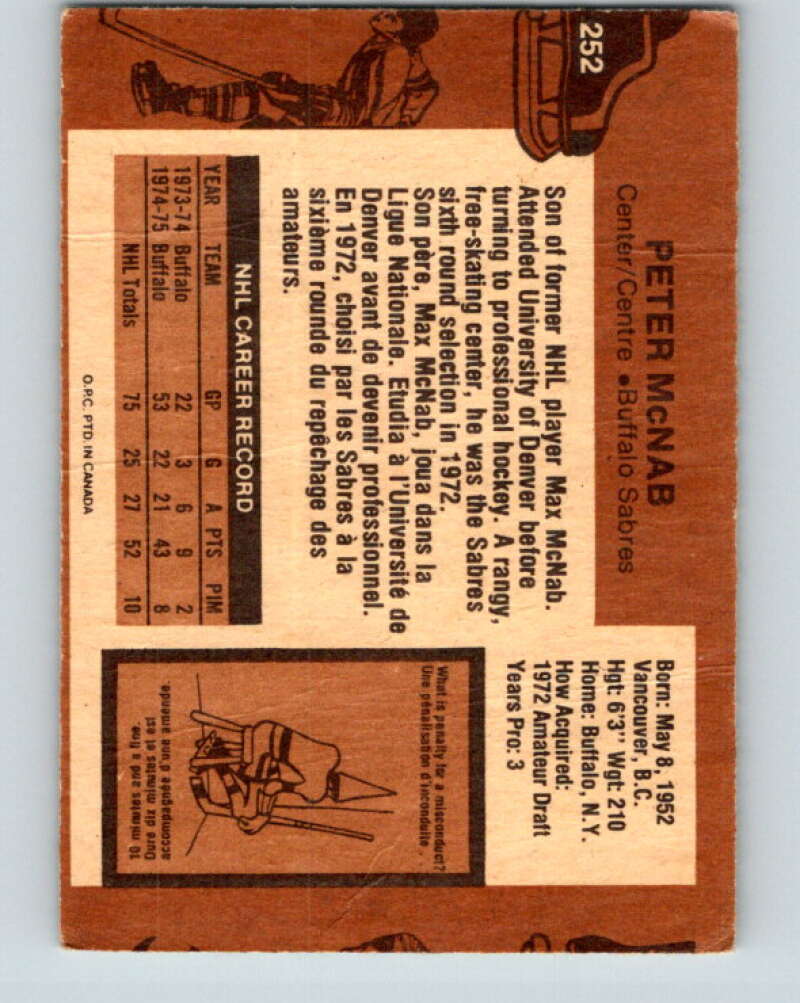 1975-76 O-Pee-Chee #252 Peter McNab RC Rookie Buffalo Sabres V6289