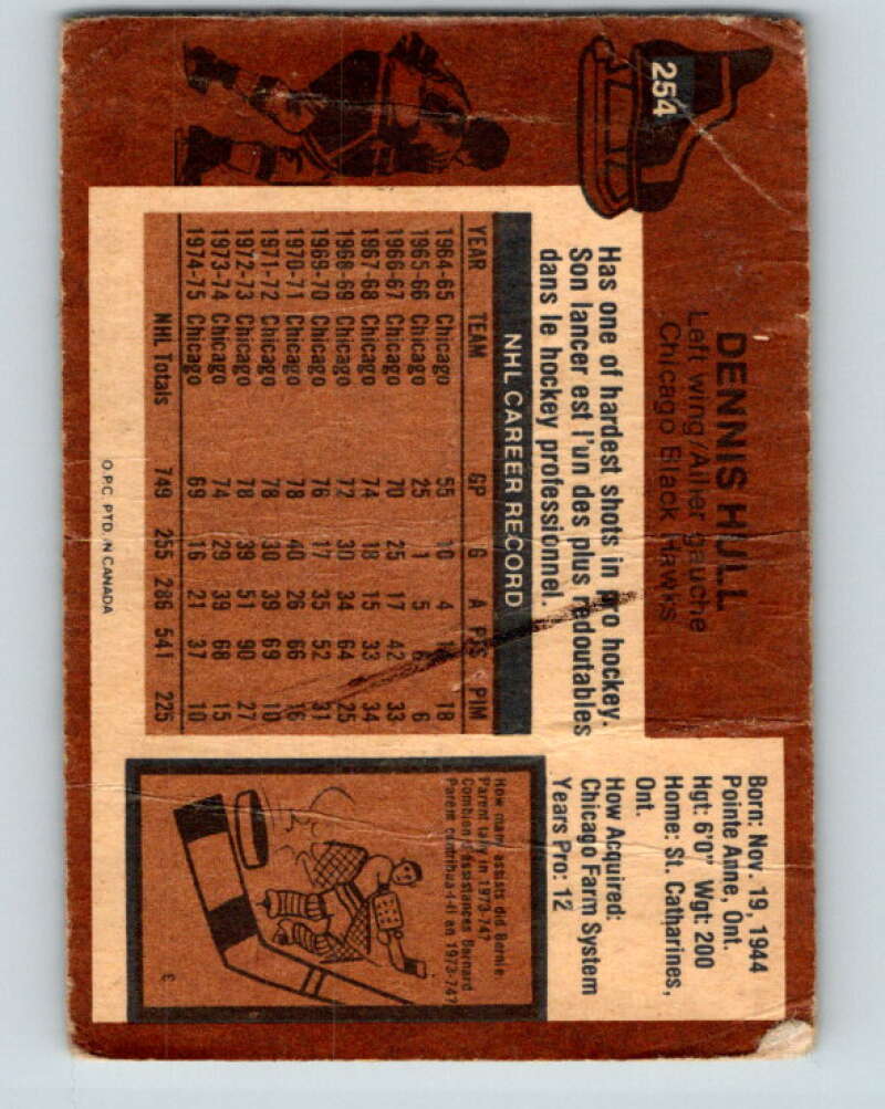 1975-76 O-Pee-Chee #254 Dennis Hull Chicago Blackhawks V6294