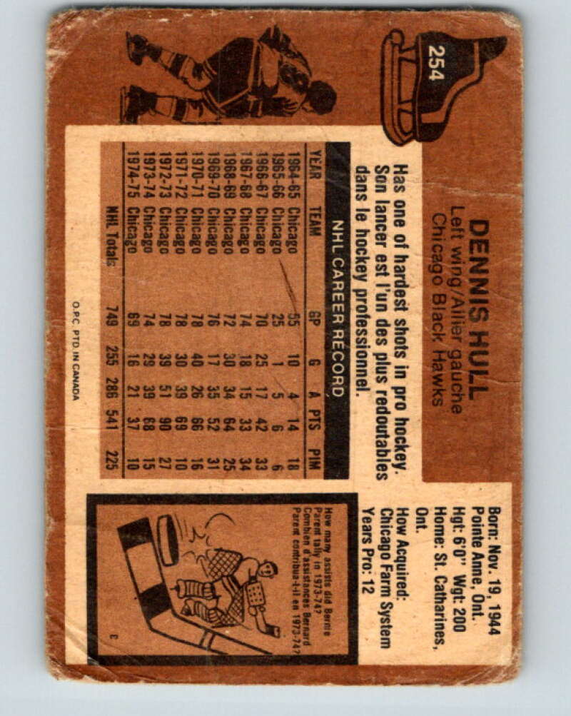 1975-76 O-Pee-Chee #254 Dennis Hull Chicago Blackhawks V6295
