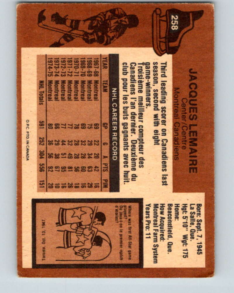 1975-76 O-Pee-Chee #258 Jacques Lemaire Montreal Canadiens V6308