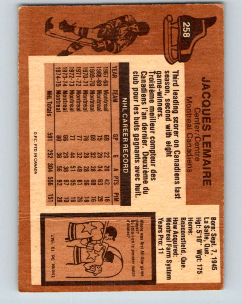 1975-76 O-Pee-Chee #258 Jacques Lemaire Montreal Canadiens V6310