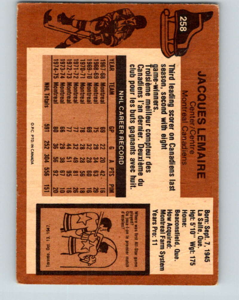 1975-76 O-Pee-Chee #258 Jacques Lemaire Montreal Canadiens V6312