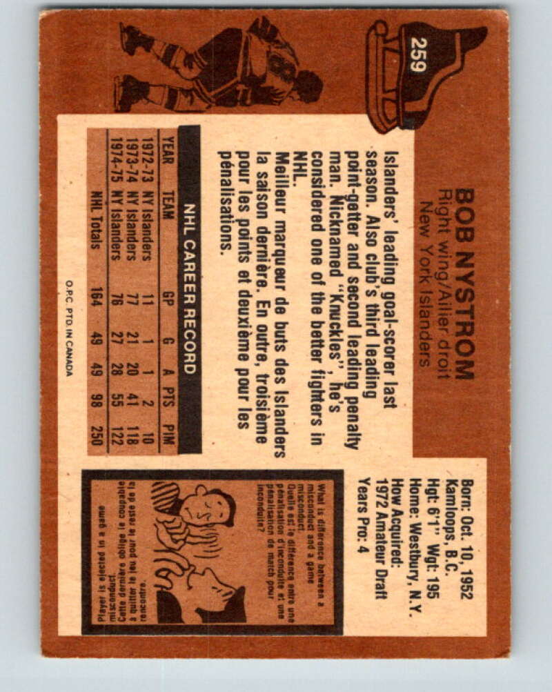 1975-76 O-Pee-Chee #259 Bob Nystrom New York Islanders V6318