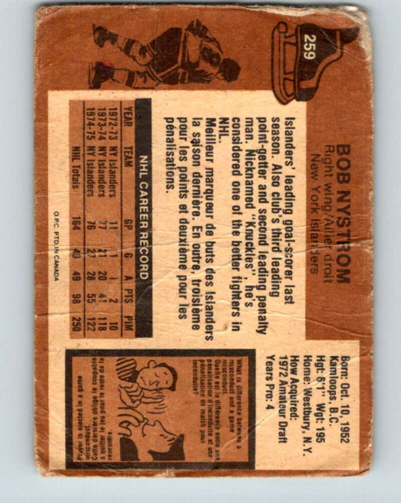 1975-76 O-Pee-Chee #259 Bob Nystrom New York Islanders V6320