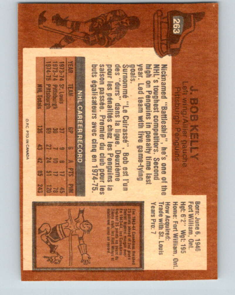 1975-76 O-Pee-Chee #263 J. Bob Kelly Pittsburgh Penguins V6342