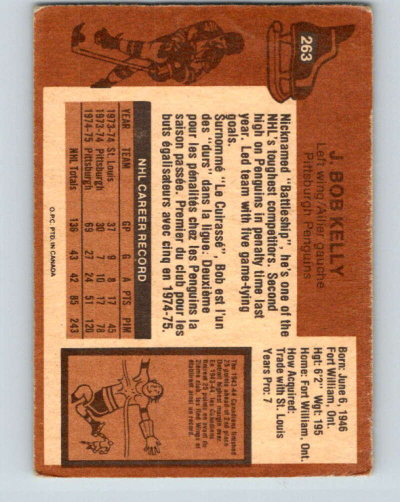 1975-76 O-Pee-Chee #263 J. Bob Kelly Pittsburgh Penguins V6343