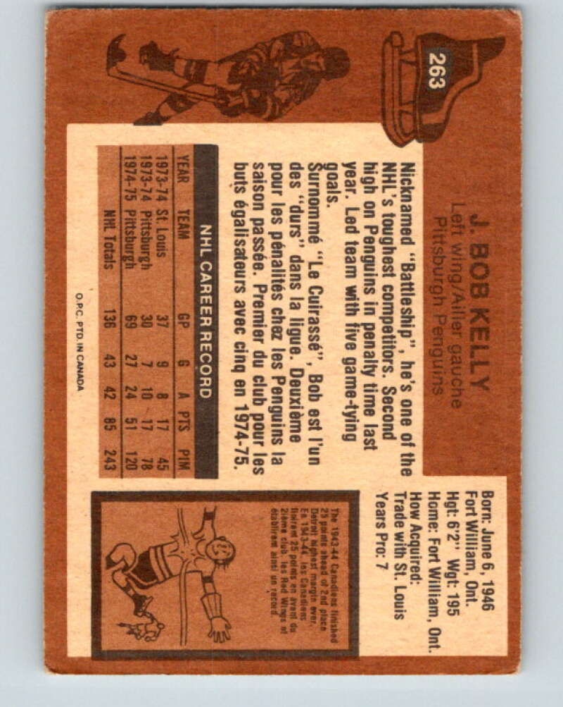 1975-76 O-Pee-Chee #263 J. Bob Kelly Pittsburgh Penguins V6344