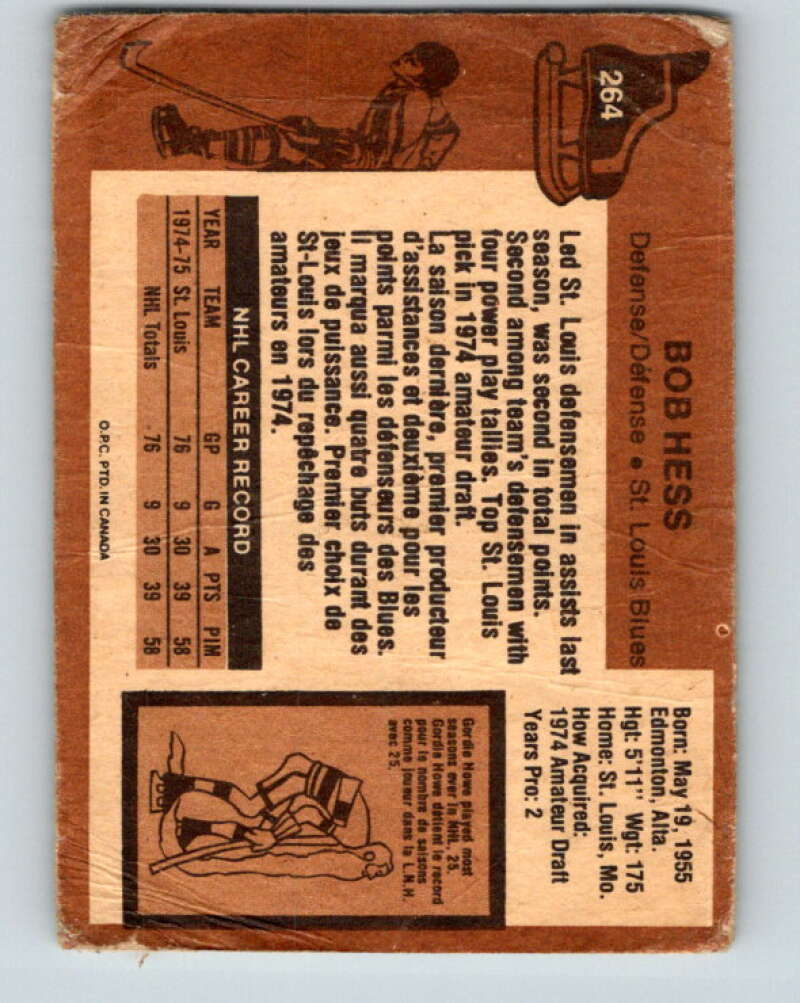 1975-76 O-Pee-Chee #264 Bob Hess RC Rookie St. Louis Blues V6347