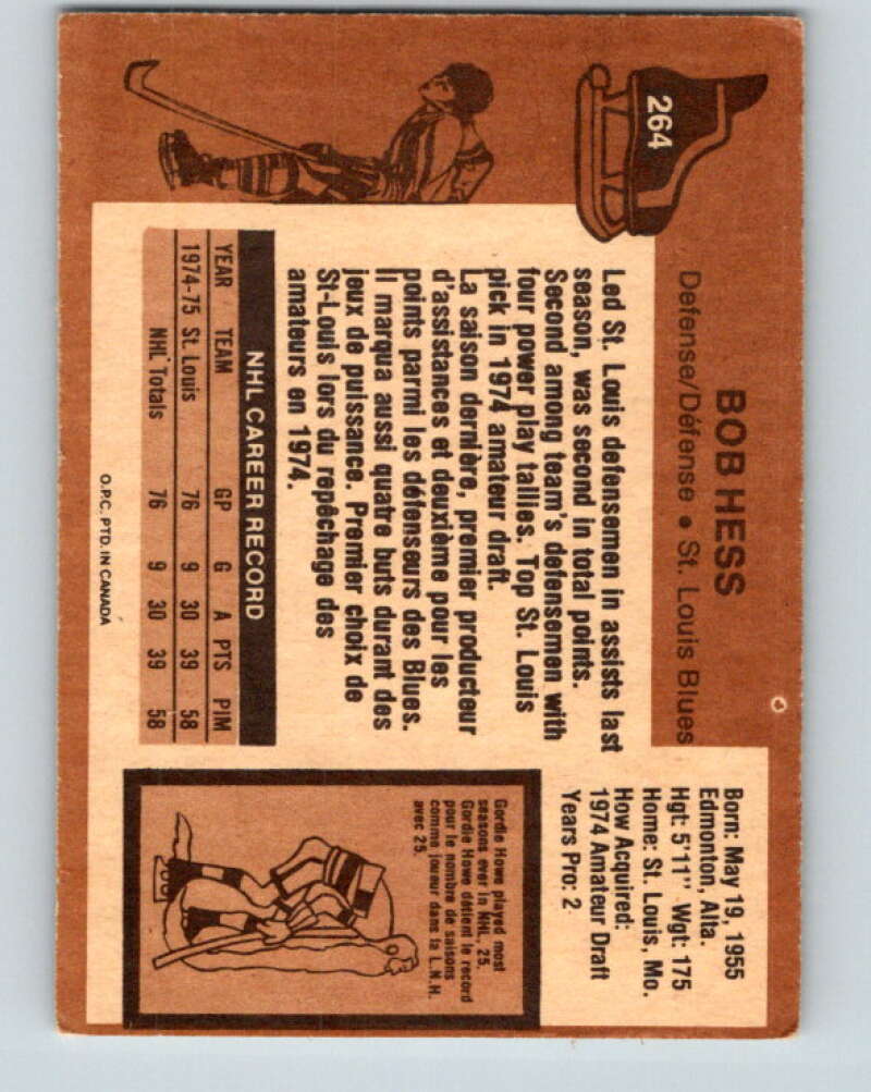 1975-76 O-Pee-Chee #264 Bob Hess RC Rookie St. Louis Blues V6348