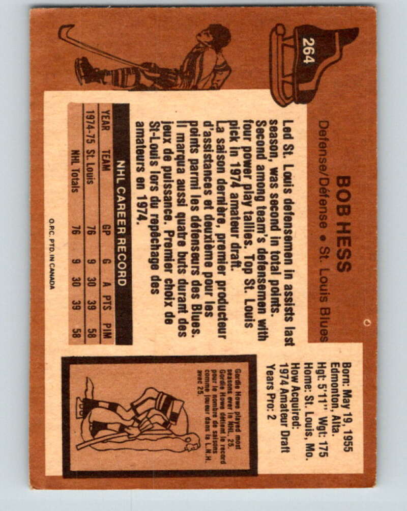1975-76 O-Pee-Chee #264 Bob Hess RC Rookie St. Louis Blues V6349