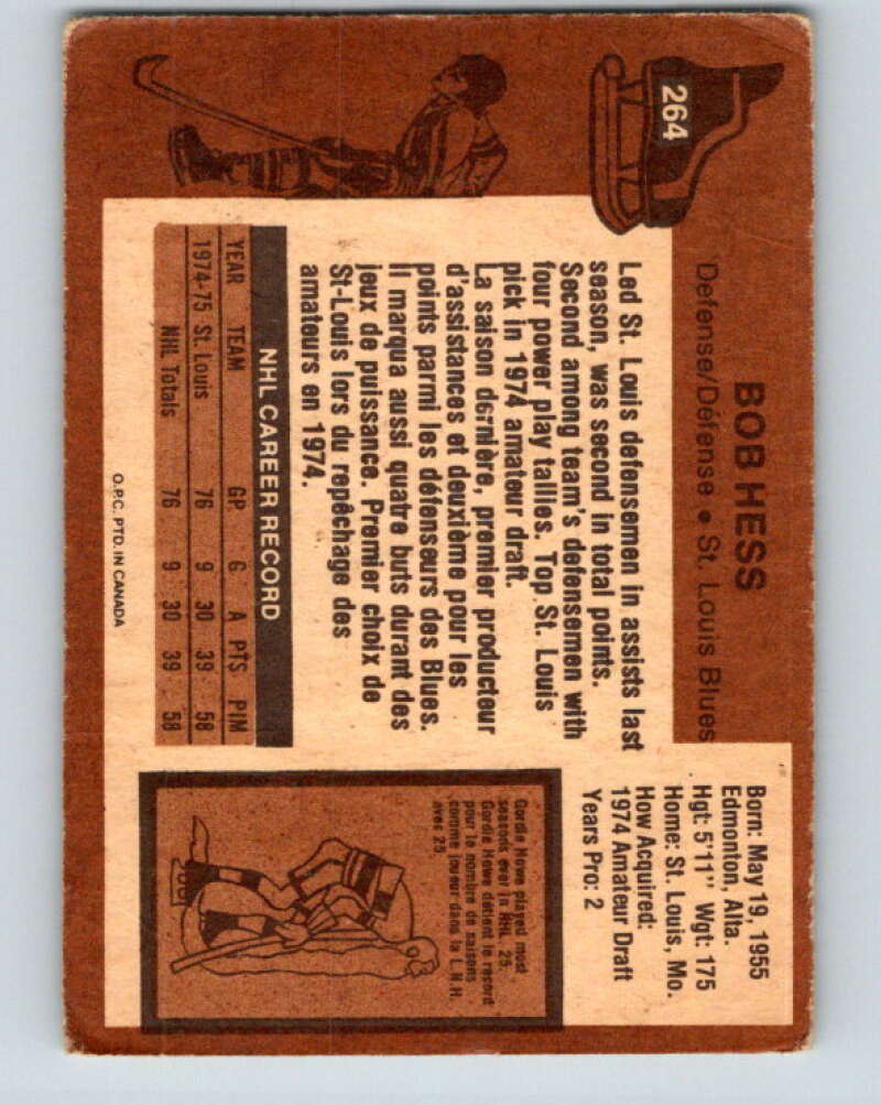 1975-76 O-Pee-Chee #264 Bob Hess RC Rookie St. Louis Blues V6350