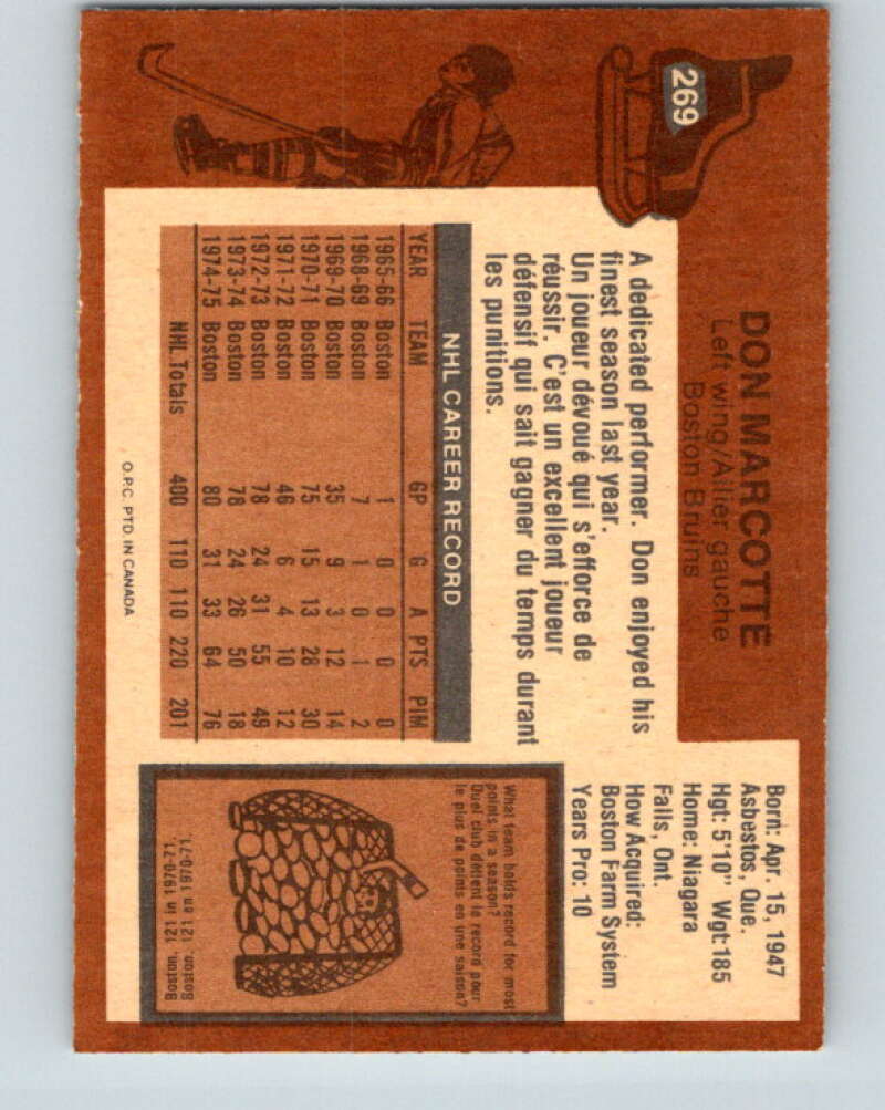 1975-76 O-Pee-Chee #269 Don Marcotte Boston Bruins V6371
