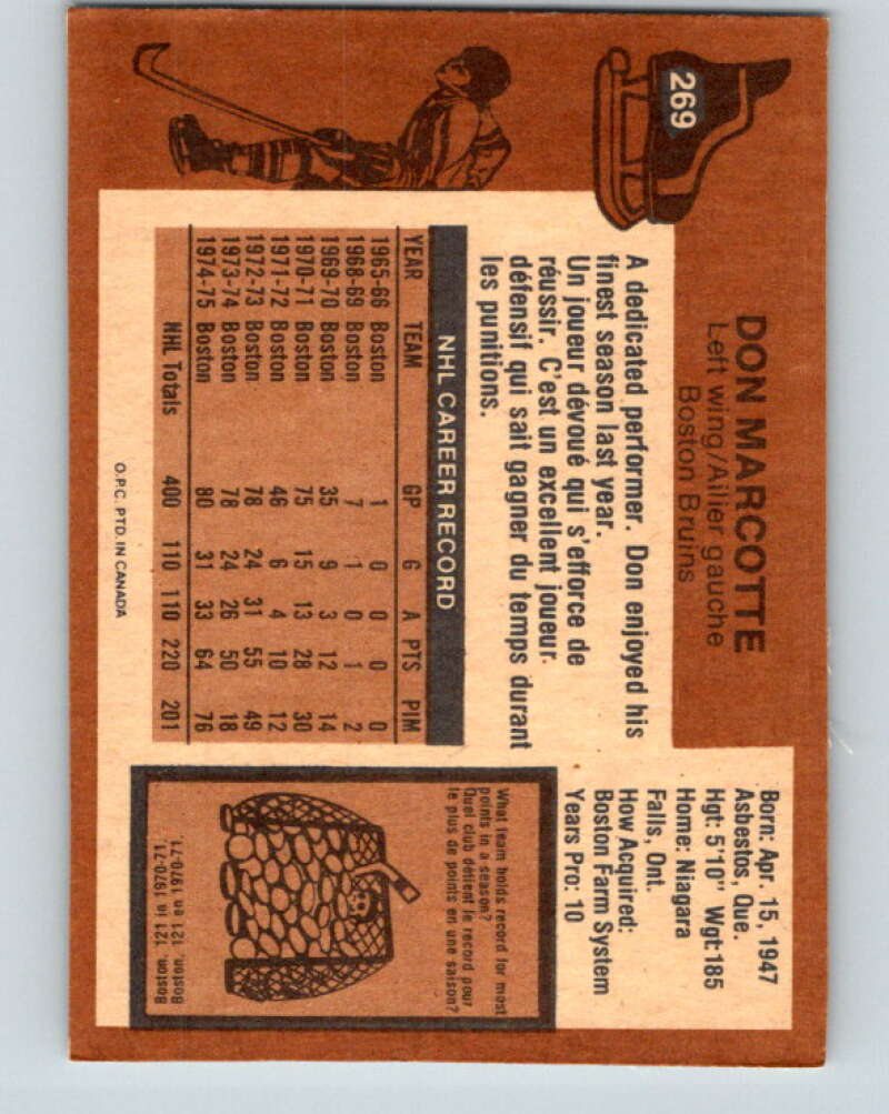 1975-76 O-Pee-Chee #269 Don Marcotte Boston Bruins V6372
