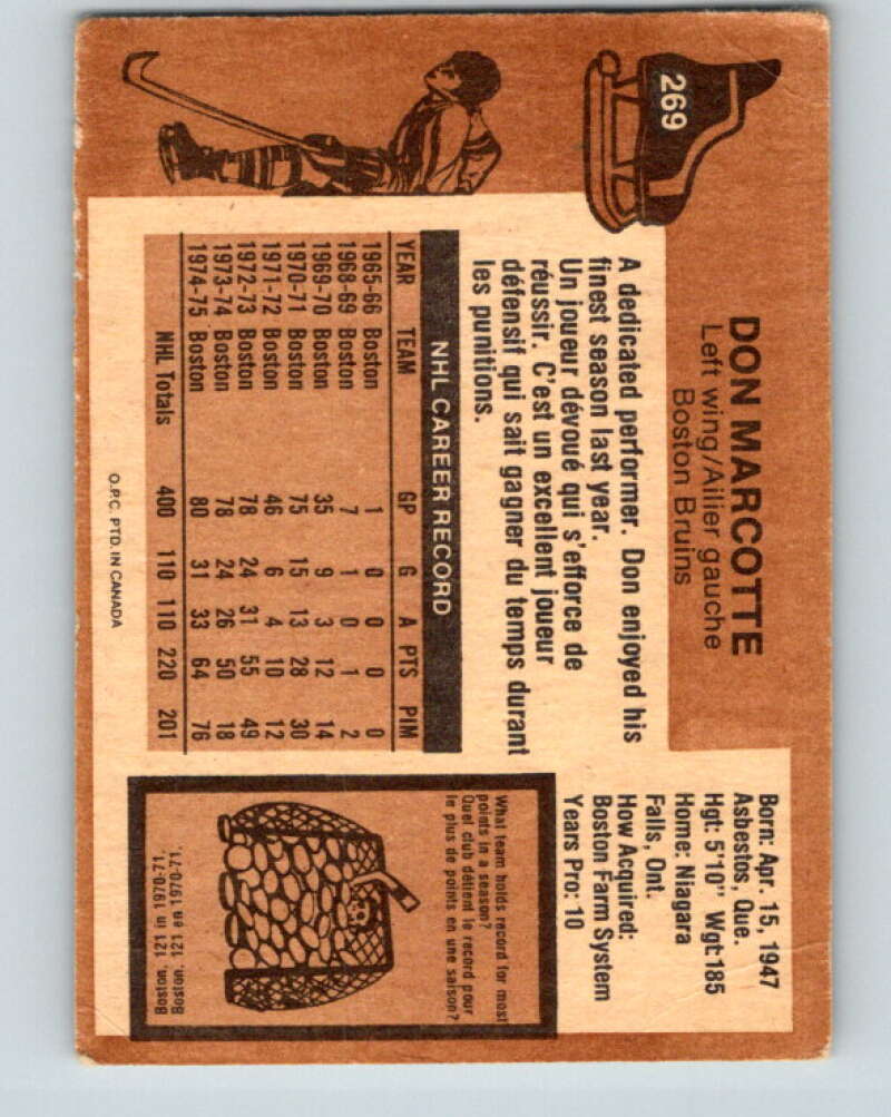 1975-76 O-Pee-Chee #269 Don Marcotte Boston Bruins V6374