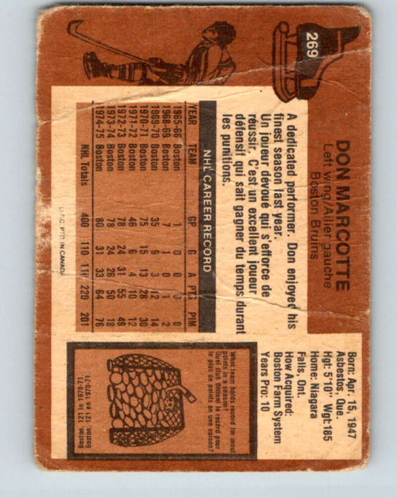 1975-76 O-Pee-Chee #269 Don Marcotte Boston Bruins V6376