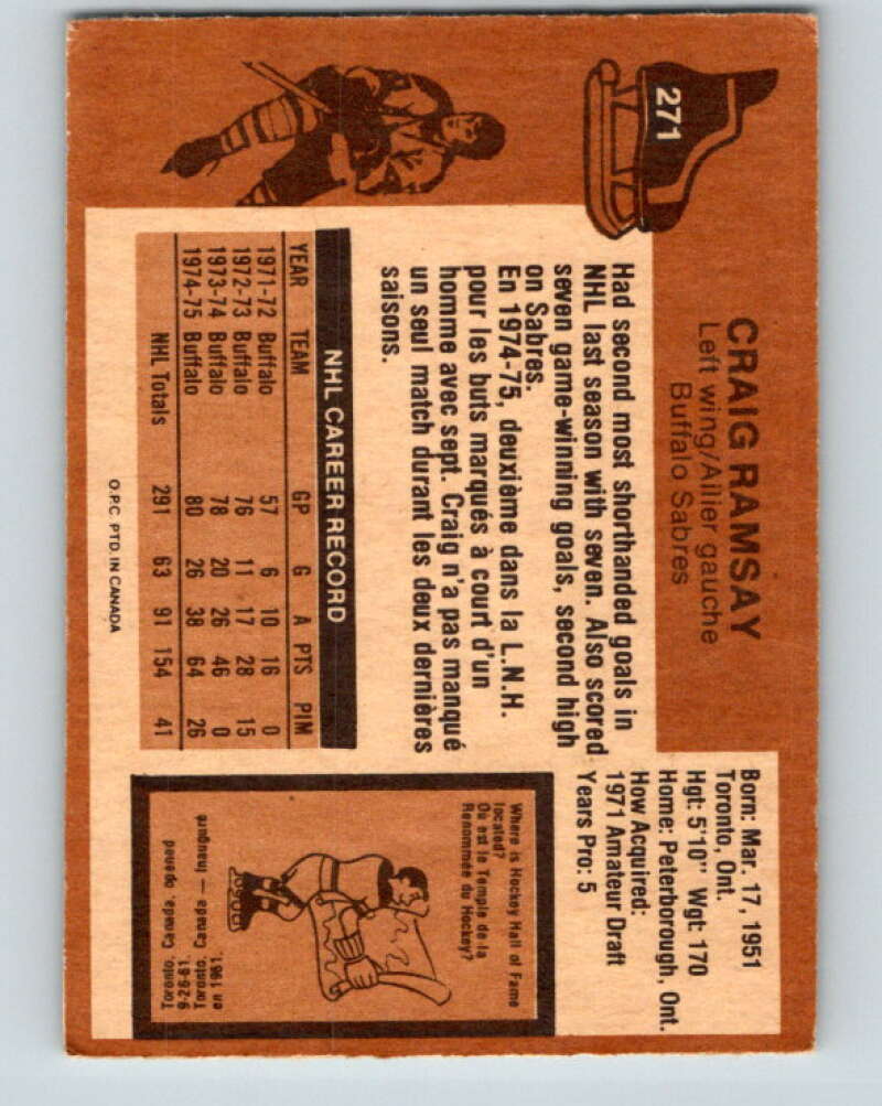 1975-76 O-Pee-Chee #271 Craig Ramsay Buffalo Sabres V6382