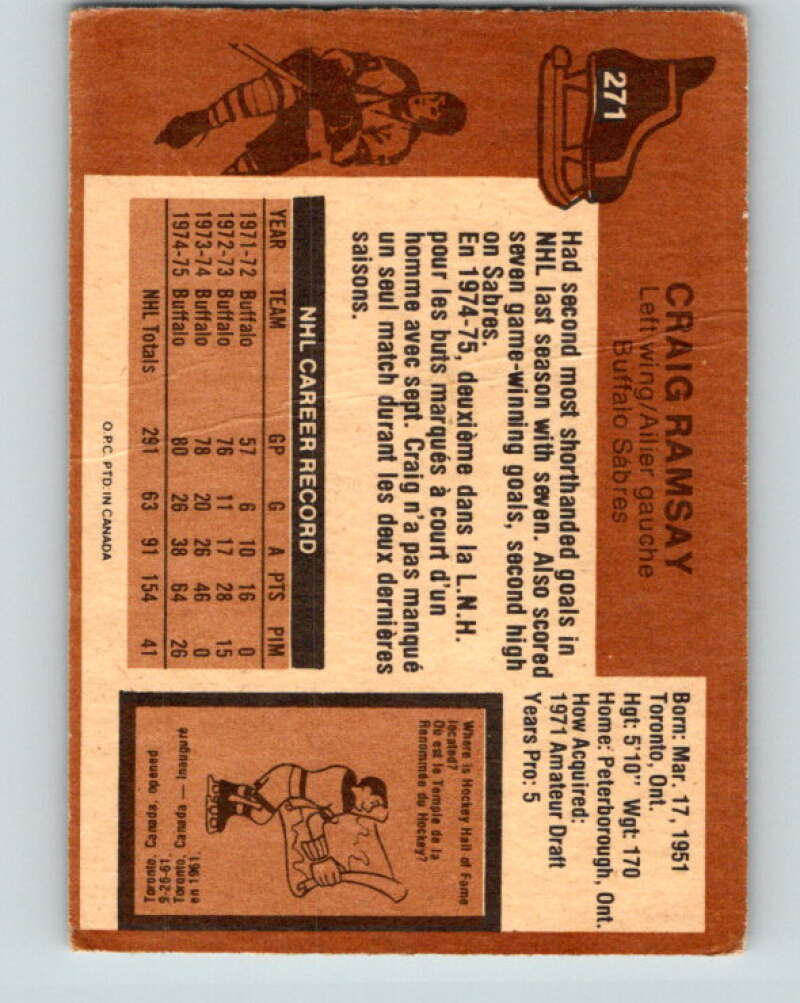 1975-76 O-Pee-Chee #271 Craig Ramsay Buffalo Sabres V6383