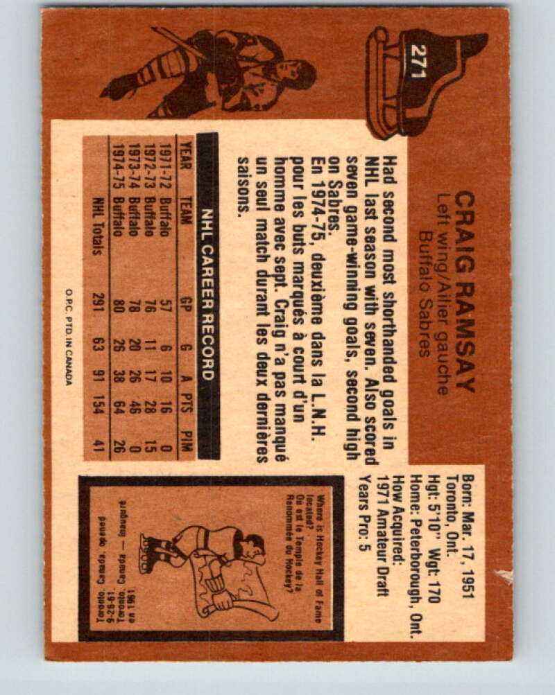 1975-76 O-Pee-Chee #271 Craig Ramsay Buffalo Sabres V6384
