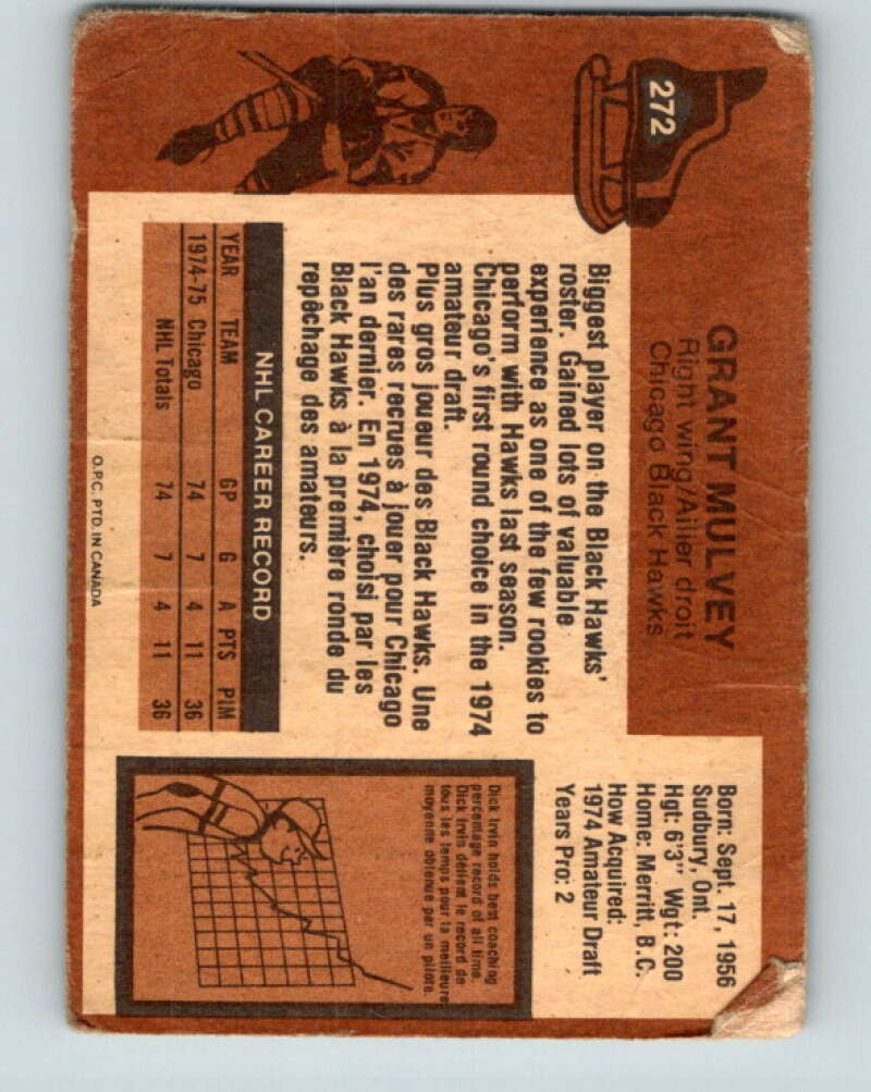1975-76 O-Pee-Chee #272 Grant Mulvey RC Rookie Chicago Blackhawks V6388