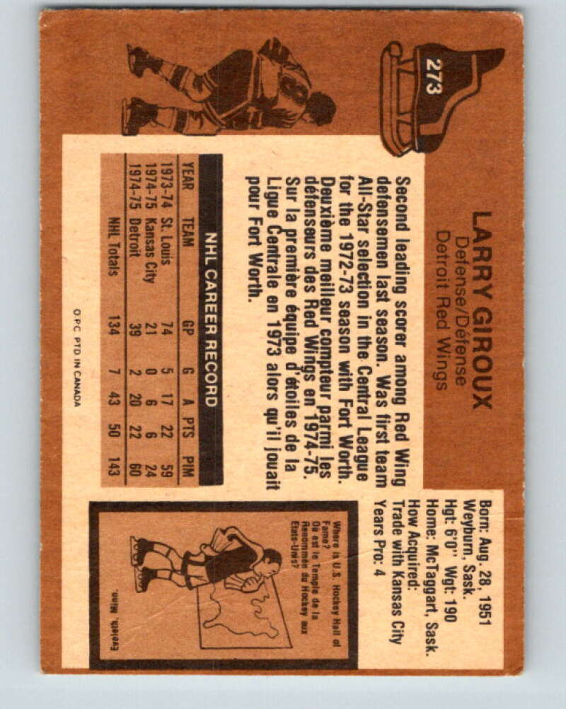 1975-76 O-Pee-Chee #273 Larry Giroux RC Rookie Detroit Red Wings V6389