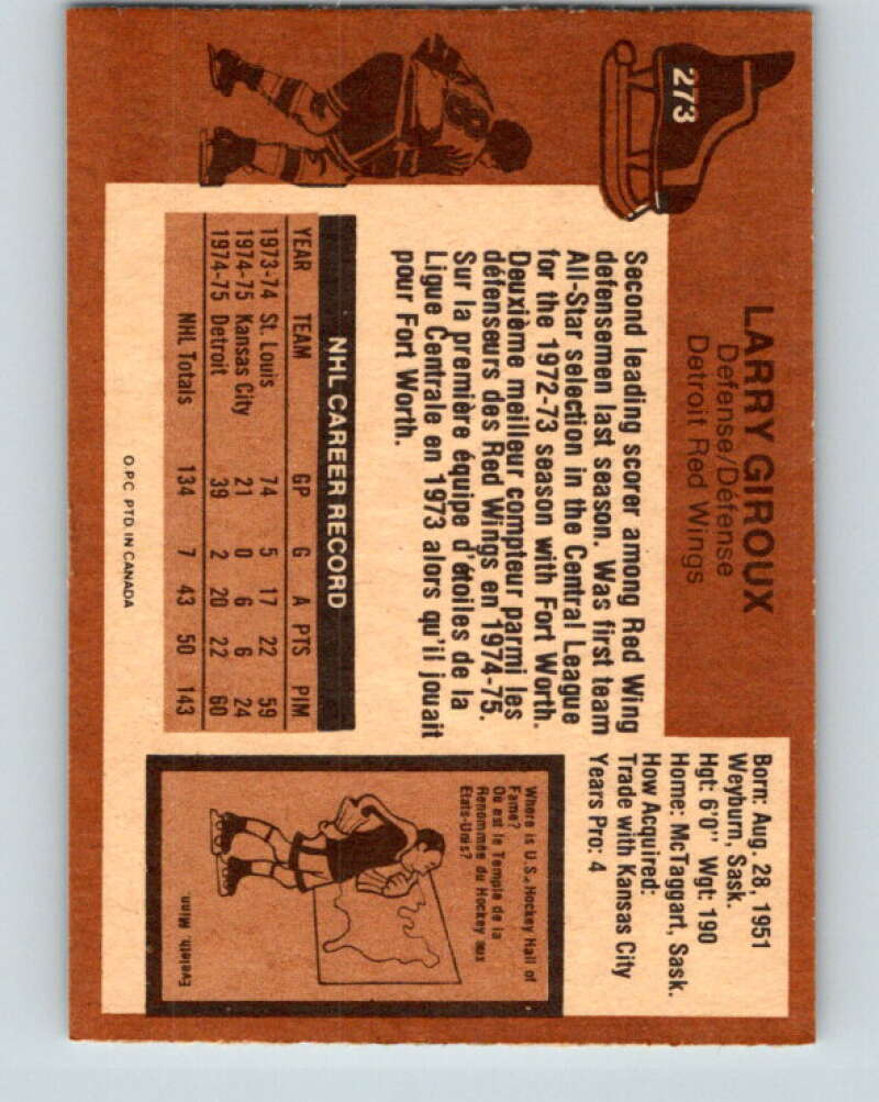 1975-76 O-Pee-Chee #273 Larry Giroux RC Rookie Detroit Red Wings V6391